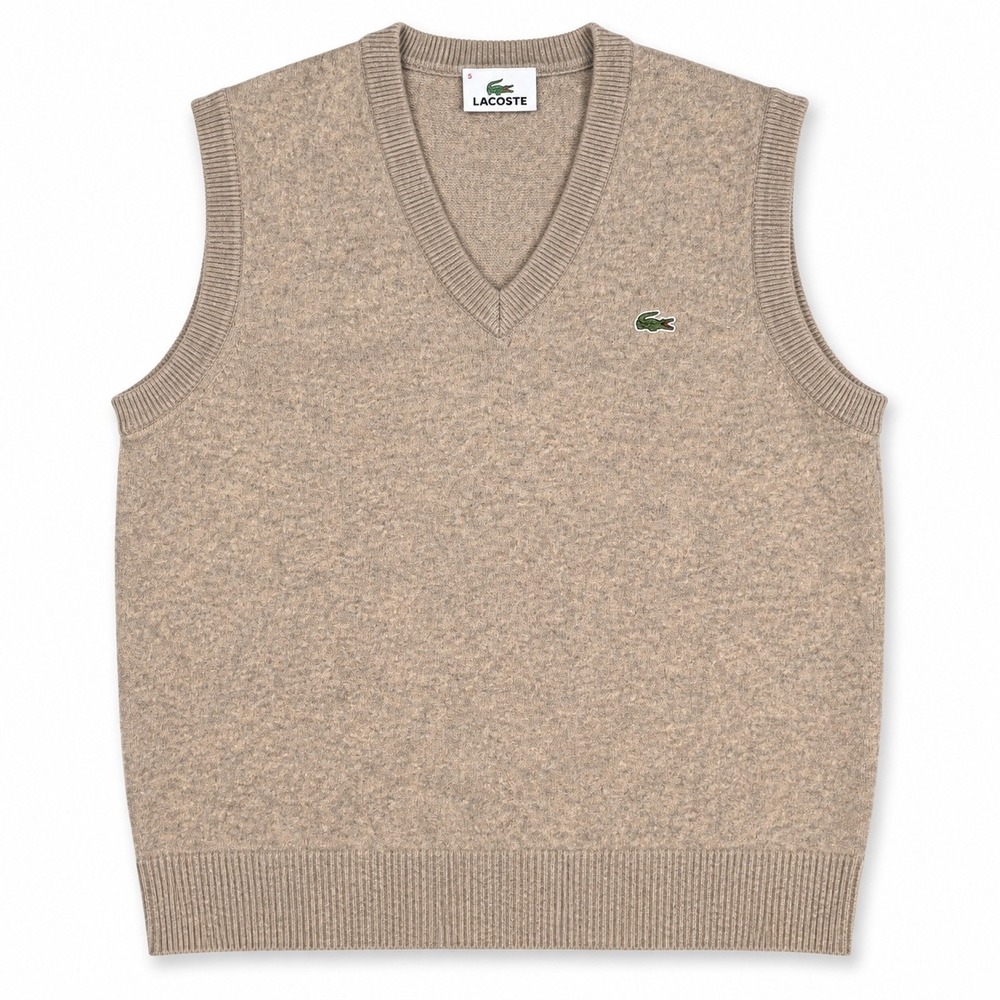 Lacoste Wool Blend Sweater Vest Tan V Neck Preppy Heritage Old Money Tennis